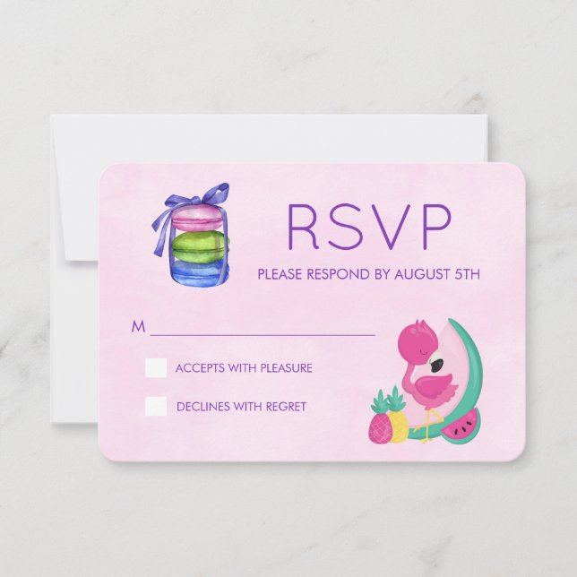 Pink Flamingo w/ Fruits & Macarons RSVP Response (Front)