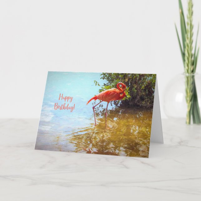 Pink Flamingo wading in water Happy Birthday Card (Front)