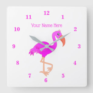 Pink Flamingo Wall Clock with Custom Text Name