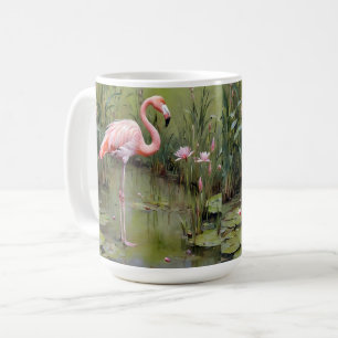 Pink Flamingo Water Lilies And Reeds Oil Painting, Coffee Mug