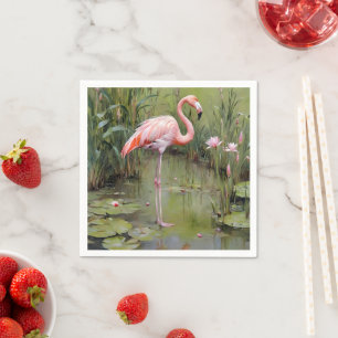 Pink Flamingo Water Lilies And Reeds Oil Painting, Napkin