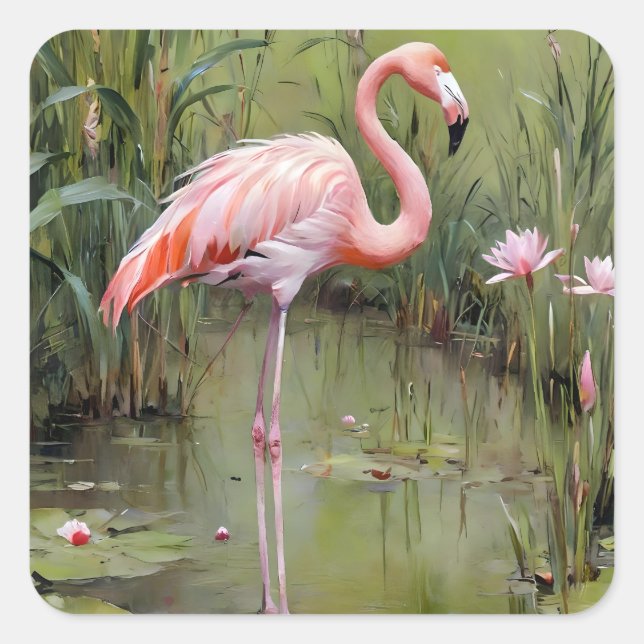 Pink Flamingo Water Lilies And Reeds Oil Painting, Square Sticker (Front)
