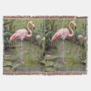 Pink Flamingo Water Lilies And Reeds Oil Painting, Throw Blanket