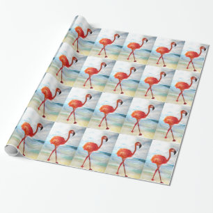 Pink Flamingo Watercolor Glossy Wrapping Paper