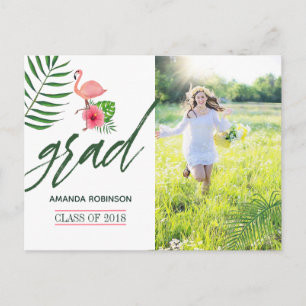 Pink Flamingo Watercolor Luau Grad Announcement Postcard