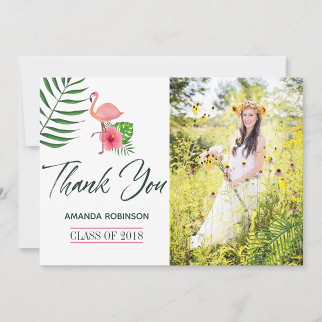 Pink Flamingo Watercolor Luau Graduation Thank You (Front)