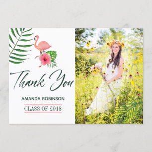 Pink Flamingo Watercolor Luau Graduation Thank You Card