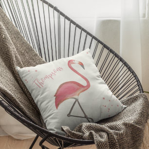 Pink Flamingo Watercolor Personalized Throw Pillow