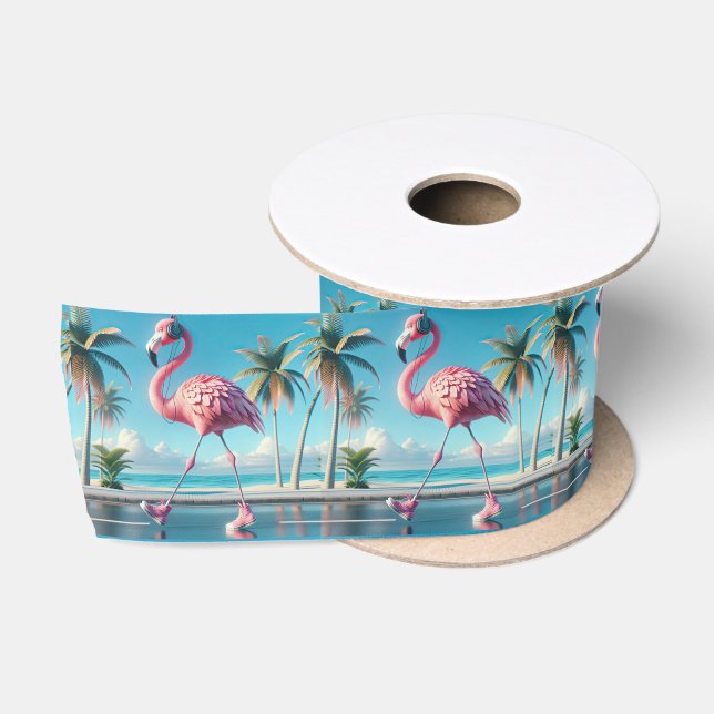 Pink Flamingo Wearing Sneakers and Headphones Satin Ribbon (Spool)