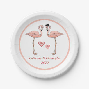 Pink Flamingo Wedding Bride Groom Hearts Love Bird Paper Plate