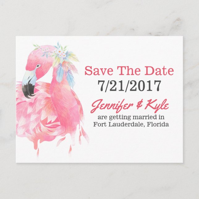 Pink Flamingo Wedding Save The Date Postcard (Front)