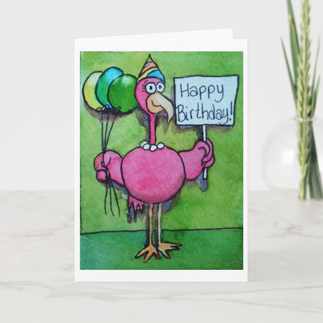 Pink Flamingo Whimsical Funny Bird Painting Card (Front)