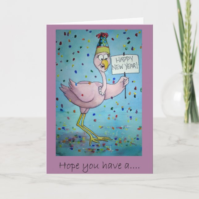 Pink Flamingo Whimsical Funny Bird Painting Holiday Card (Front)