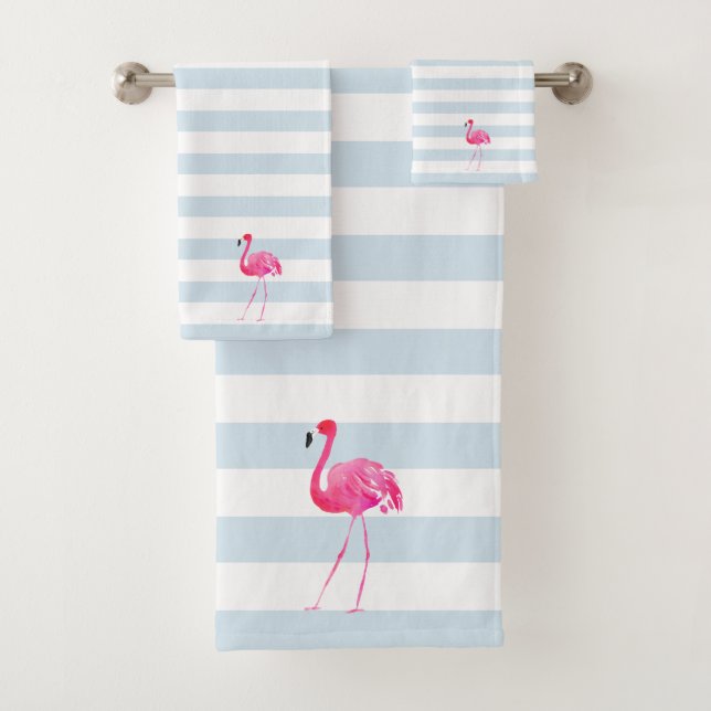 Pink Flamingo White & Blue Stripes Bath Towel Set (Insitu)