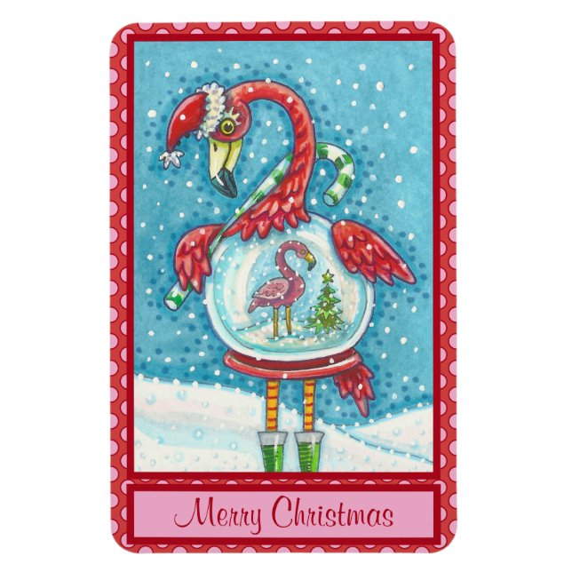 PINK FLAMINGO WHITE CHRISTMAS SNOW GLOBE MAGNET (Vertical)