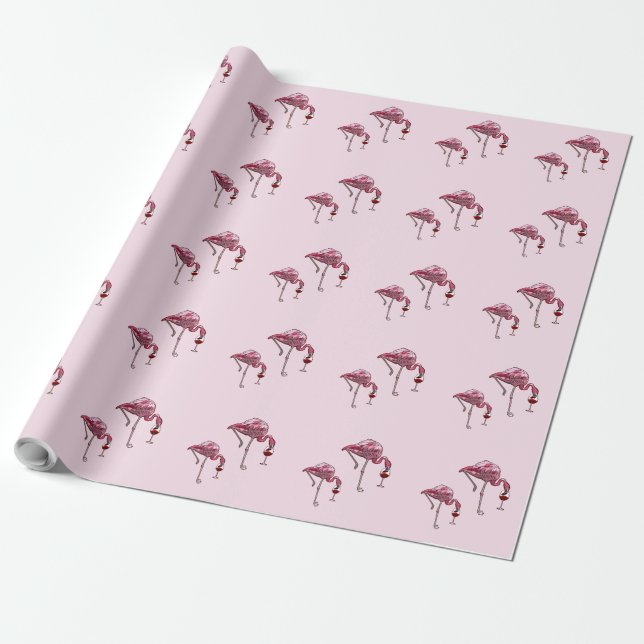 Pink Flamingo Wine Drinker Funny Pattern Wrapping Paper (Unrolled)