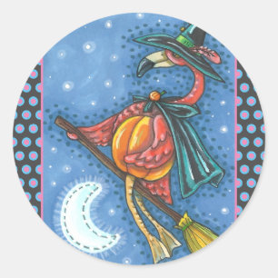 PINK FLAMINGO WITCH, FLYING OVER MOON ON A BROOM CLASSIC ROUND STICKER