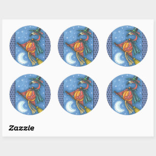 PINK FLAMINGO WITCH, FLYING OVER MOON ON A BROOM CLASSIC ROUND STICKER