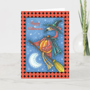 PINK FLAMINGO WITCH, FLYING OVER MOON ON A BROOM HOLIDAY CARD