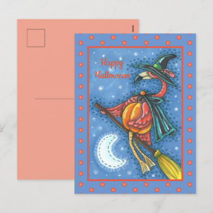 PINK FLAMINGO WITCH, FLYING OVER MOON ON A BROOM HOLIDAY POSTCARD