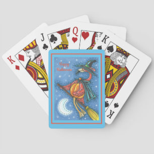 PINK FLAMINGO WITCH, FLYING OVER MOON ON A BROOM PLAYING CARDS