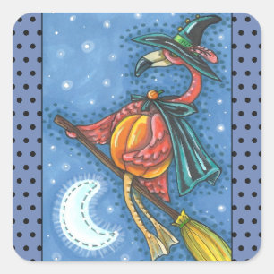 PINK FLAMINGO WITCH, FLYING OVER MOON ON A BROOM SQUARE STICKER