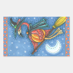 PINK FLAMINGO WITCH, FLYING OVER MOON ON A BROOM STICKER