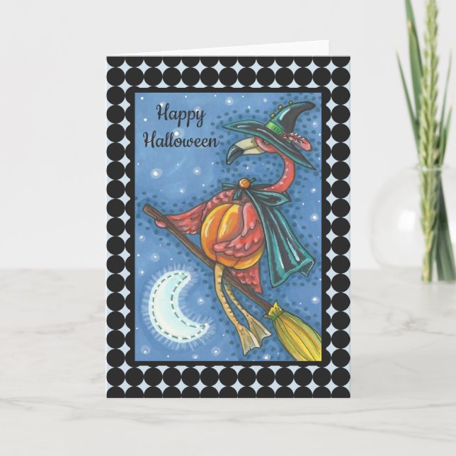 PINK FLAMINGO WITCH HALLOWEEN GREETING CARD Blank (Front)