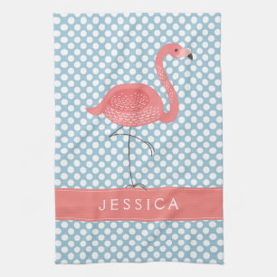 Pink Flamingo With Blue And White Polkadot Kitchen Towel