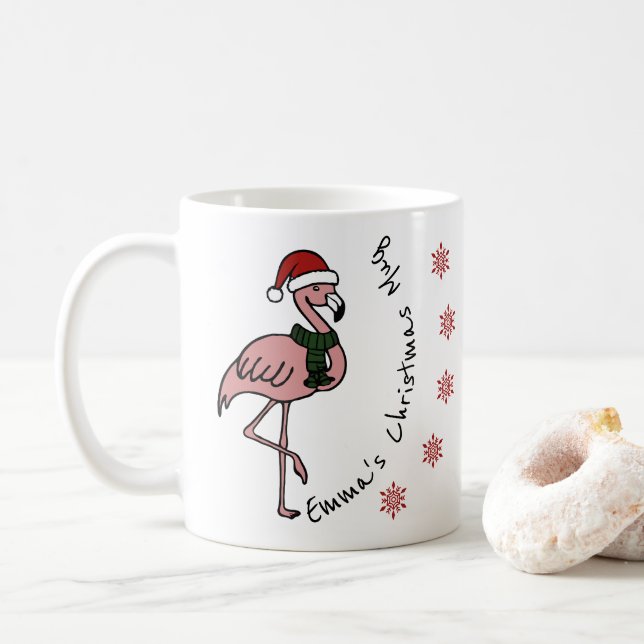Pink flamingo with Christmas hat personalized name Coffee Mug (With Donut)