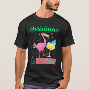 Pink Flamingo With Cocktail Christmas In July T-Shirt
