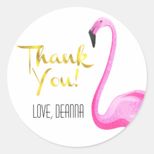 Pink Flamingo with Faux Gold Foil, Thank You Classic Round Sticker