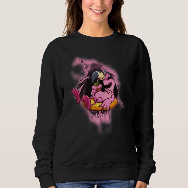 Pink Flamingo With Float Drinking Beer Summer Vaca Sweatshirt (Front)