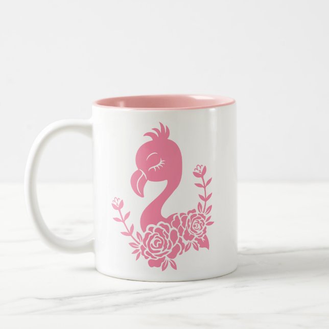 Pink Flamingo with Floral Design Two-Tone Coffee Mug (Left)