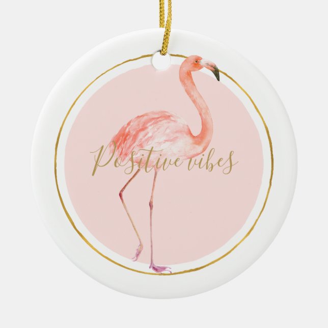 Pink flamingo with gold and frame personalized ceramic ornament (Front)