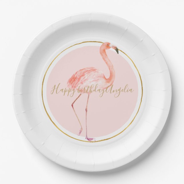 Pink flamingo with gold and frame personalized paper plate (Front)