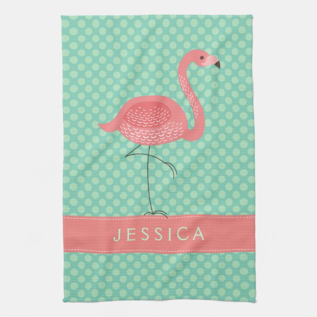 Pink Flamingo With Mint-Green Polkadot Kitchen Towel (Vertical)