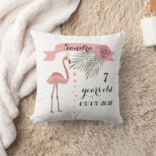 Pink Flamingo with palm leaves for girl Throw Pillow