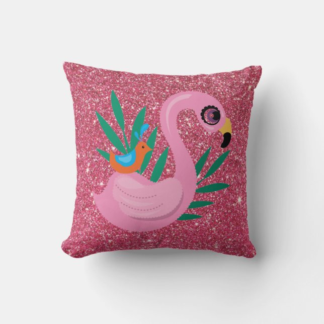 Pink Flamingo With Pink Glitter Throw Pillow (Front)