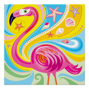 Pink Flamingo with Starfish Poster