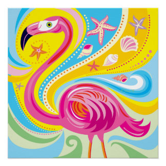 Pink Flamingo with Starfish Poster