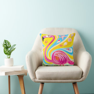 Pink Flamingo with Starfish Throw Pillow