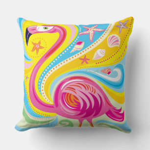 Pink Flamingo with Starfish Throw Pillow