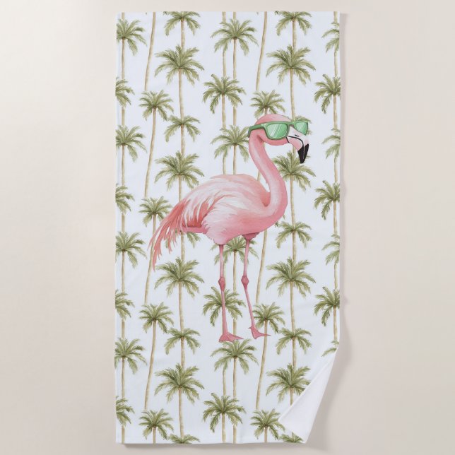 Pink Flamingo with Sunglasses Palm Trees Beach Towel (Front)