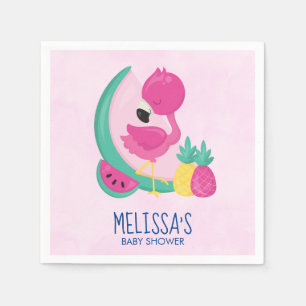 Pink Flamingo with Tropical Fruits Baby Shower Napkin