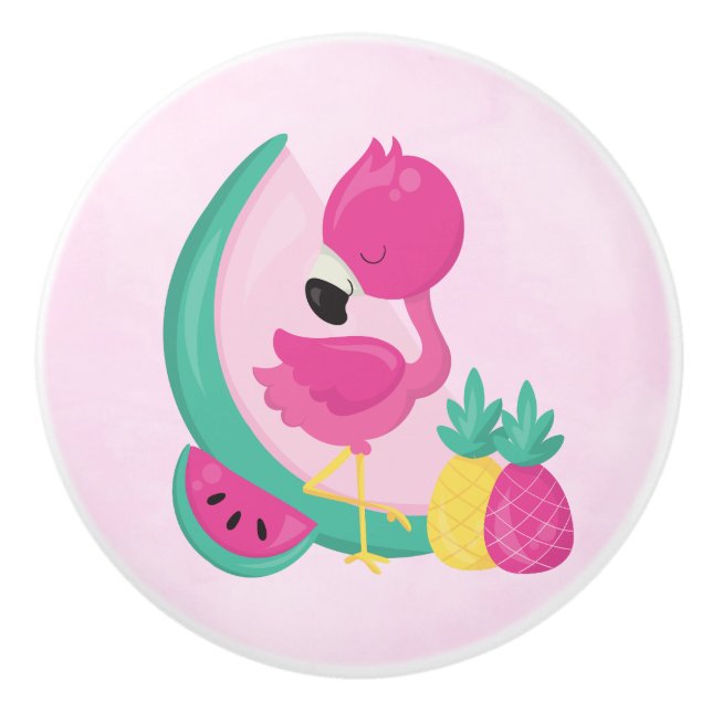 Pink Flamingo with Tropical Fruits Ceramic Knob (Front)