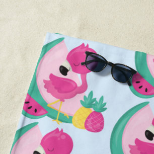 Pink Flamingo with Tropical Fruits Pattern Beach Towel