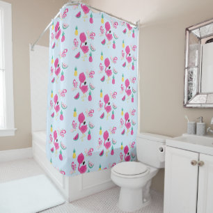 Pink Flamingo with Tropical Fruits Pattern on Blue
