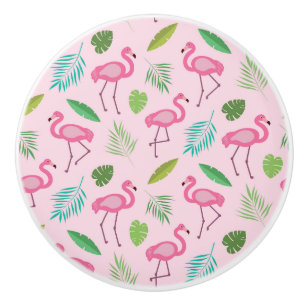 Pink Flamingo with Tropical Leaves Personalized  Ceramic Knob