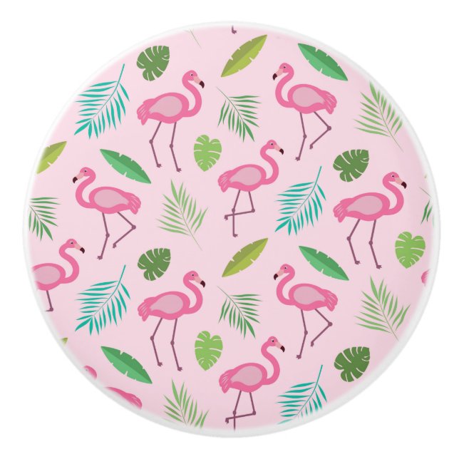 Pink Flamingo with Tropical Leaves Personalized  Ceramic Knob (Front)